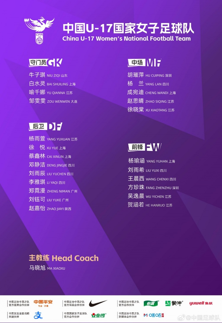 备战世界杯!U17女足集训名单:马晓旭挂帅,江苏四川各6人入选 备战世界杯!U17女足集训名单:马晓旭挂帅,江苏四川各6人入选